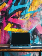 Poster - The laptop sits atop a stylish desk, contrasting with the dynamic graffiti wall filled with vivid colors, creating a creative workspace atmosphere. Generative AI