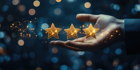 Poster - Customer review satisfaction feedback survey concept, User give rating to service experience on online application, Customer can evaluate quality of service leading to re
