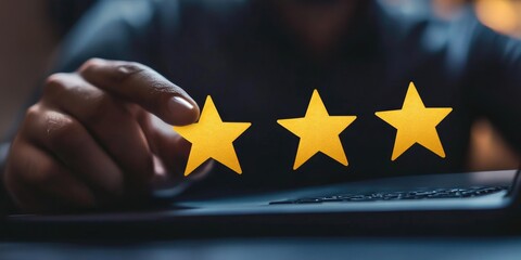 Customer review satisfaction feedback survey concept, User give rating to service experience on online application, Customer can evaluate quality of service leading to re