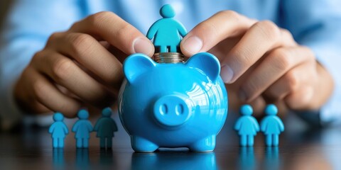 Fototapete - businessman putting coin on the piggybank and icon family on table, donation, saving, charity, family finance plan concept, fundraising, superannuation, investment, finan