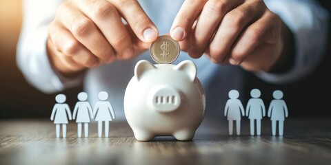 Fototapete - businessman putting coin on the piggybank and icon family on table, donation, saving, charity, family finance plan concept, fundraising, superannuation, investment, finan
