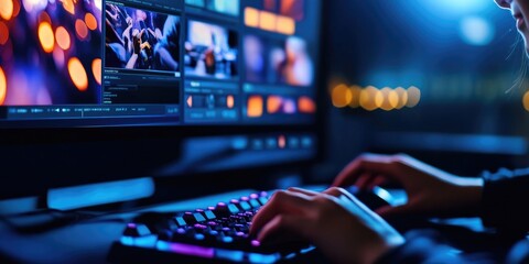Poster - woman using mouse and keyboard for streaming online on virtual screen, watching video on internet, live concert, show or tutorial, content online