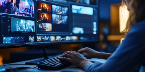 Poster - woman using mouse and keyboard for streaming online on virtual screen, watching video on internet, live concert, show or tutorial, content online