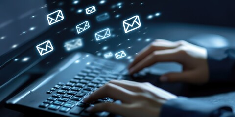 Aufkleber - Customer support hotline Contact us people connection. Businessman using computer keyboard with the email, call phone, address, Chat message icons