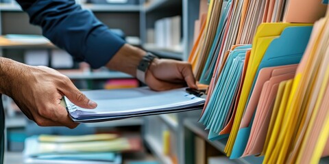 Fototapete - IT staff working with Document Management System (DMS), online documentation database and process automation to efficiently manage files, Corporate business technology