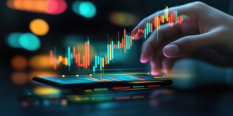 Leinwandbilder - Hand of Businessman or trader is showing a growing virtual hologram stock on smartphone, planning and strategy, Stock market, Business growth, progress or success concept