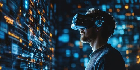 Aufkleber - man wearing VR glasses and accessing the Technology Internet, multimedia, Storage Network connection Concept And a large database big data Through internet technology. E-