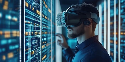 Aufkleber - man wearing VR glasses and accessing the Technology Internet, multimedia, Storage Network connection Concept And a large database big data Through internet technology. E-