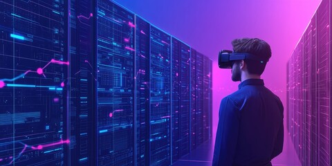 man wearing VR glasses and accessing the Technology Internet, multimedia, Storage Network connection Concept And a large database big data Through internet technology. E-