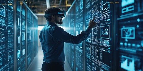 Aufkleber - man wearing VR glasses and accessing the Technology Internet, multimedia, Storage Network connection Concept And a large database big data Through internet technology. E-