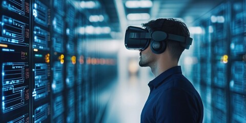Aufkleber - man wearing VR glasses and accessing the Technology Internet, multimedia, Storage Network connection Concept And a large database big data Through internet technology. E-