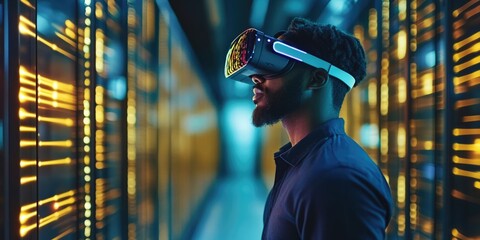 Aufkleber - man wearing VR glasses and accessing the Technology Internet, multimedia, Storage Network connection Concept And a large database big data Through internet technology. E-