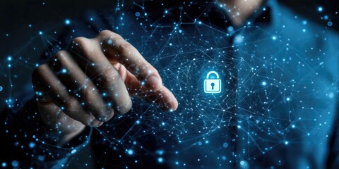 Fototapete - Cyber Protection Data Security Internet Privacy, Internet and technology concept on virtual screen. Man touching on lock icon