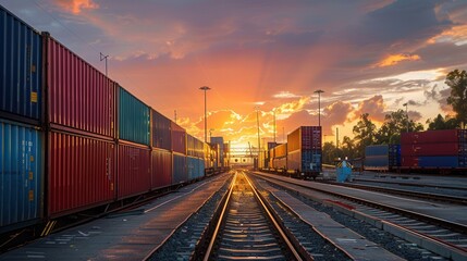 Aufkleber - Containers are being efficiently transferred from trucks to a train as the sun sets, showcasing seamless transport operations. Generative AI