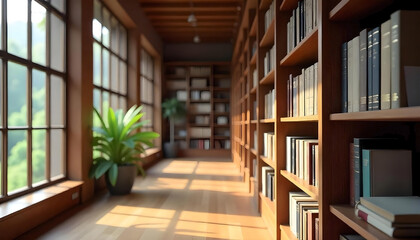 Wall Mural - Stylish library interior with wooden bookcase in row,