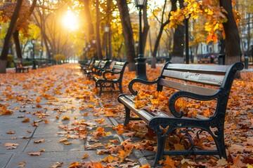 Poster - Sunlight filters through trees in an urban park, creating a vibrant atmosphere with benches surrounded by colorful fallen leaves. Generative AI