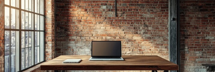 Poster - A laptop rests on a wooden table in a warm, sunlit room with exposed brick walls, creating a cozy workspace atmosphere. Generative AI