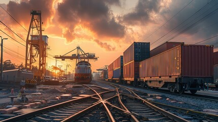 Aufkleber - Containers are being efficiently transferred from a truck to a train at a transport terminal during a stunning sunset. Generative AI