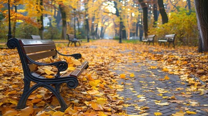 Aufkleber - Visitors stroll along a serene pathway in an urban park adorned with vibrant fallen leaves and inviting benches in autumn. Generative AI