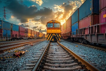 Fototapete - Cargo containers are being loaded onto a train in a freight yard at sunset, highlighting the synergy of transport methods. Generative AI
