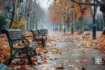 Poster - Pathways in an urban park are blanketed with fallen leaves, while benches invite visitors to relax in the serene autumn atmosphere. Generative AI