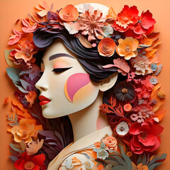 An exciting paper collage with a girl's face and flowers. A photograph symbolizing the celebration of Women's Day. AI generation.