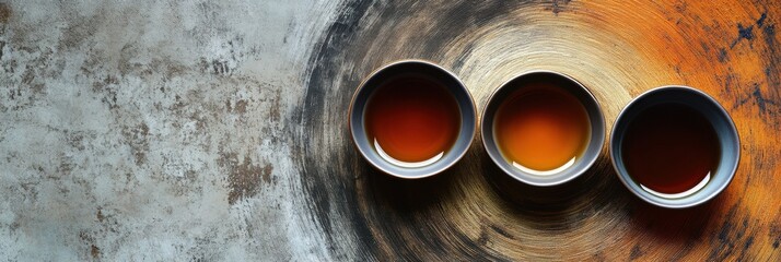 Poster - Three small bowls of tea create graceful swirls against a backdrop of soft, muted natural hues, offering a peaceful visual experience. Generative AI
