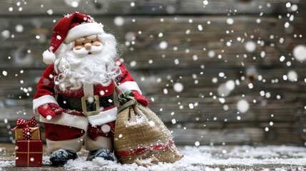 Santa Claus Toy with Bag of Gifts on Wooden Background with Snow - a festive and charming visual. The santa claus toy on the wooden background with snow and a bag of gifts creates an enchanting and de