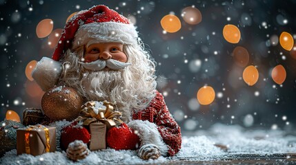 Santa Claus Toy with Bag of Gifts on Wooden Background with Snow - a festive and charming visual. The santa claus toy on the wooden background with snow and a bag of gifts creates an enchanting and de