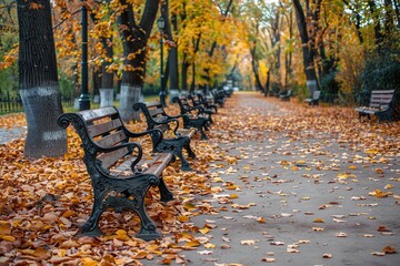 Aufkleber - Pathways blanketed in vibrant fallen leaves invite leisurely strolls in this urban park, lined with peaceful benches under autumn trees. Generative AI