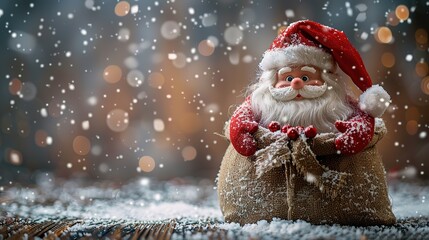 Santa Claus Toy with Bag of Gifts on Wooden Background with Snow - a festive and charming visual. The santa claus toy on the wooden background with snow and a bag of gifts creates an enchanting and de