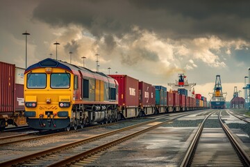 Poster - Containers are being transferred between a truck and a train at a busy transport terminal, indicating seamless logistics operations. Generative AI