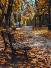 Aufkleber - A picturesque urban park features pathways blanketed in fallen leaves, inviting visitors to enjoy the peaceful ambiance and benches along the way. Generative AI