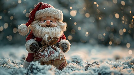 Santa Claus Toy with Bag of Gifts on Wooden Background with Snow - a festive and charming visual. The santa claus toy on the wooden background with snow and a bag of gifts creates an enchanting and de