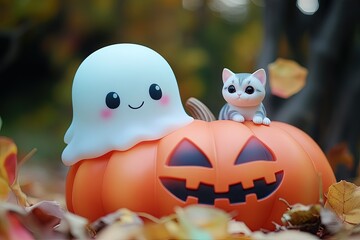 Canvas Print - a couple of pumpkins sitting on top of a pile of leaves