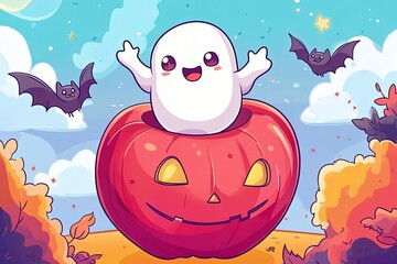 Wall Mural - a cartoon pumpkin with a ghost sitting on top of it