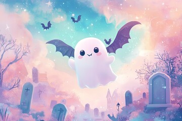 Wall Mural - a ghost flying over a graveyard with bats