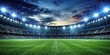© Pawina - High-definition soccer stadium with floodlights and lush green grass at night, large crowds, city life, nighttime
