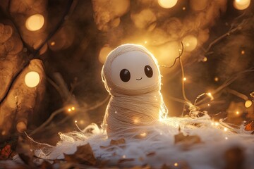 Poster - a small stuffed animal sitting on top of a pile of leaves