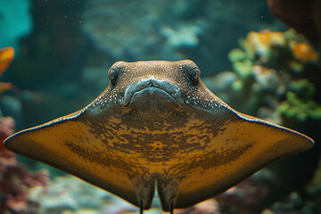 close-up of a stingray, highlighting its smooth, flat body and long tail.