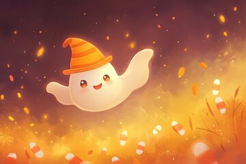 Poster - a ghost floating in the air with candy canes around it