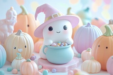 Poster - a small toy is sitting in a bowl surrounded by pumpkins