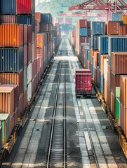 Poster - A truck transports shipping containers onto train tracks at a logistics facility, highlighting seamless cargo transfer during daylight. Generative AI