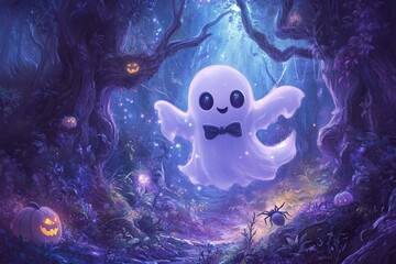 Canvas Print - a ghost with a bow tie in a forest