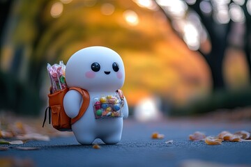 Sticker - a small toy with a backpack and candy in it