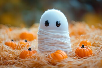 Sticker - a spooky white ghost surrounded by pumpkins