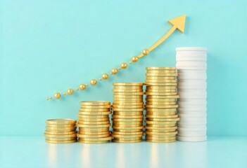 Stacks of golden coins arranged in ascending order with a curved upward arrow and dots above them, set against a turquoise blue background