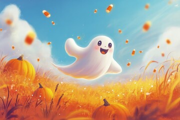 Canvas Print - a cartoon ghost flying over a field of pumpkins