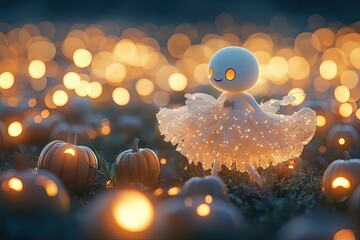 Sticker - a little doll in a white dress surrounded by pumpkins