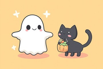 Sticker - a black cat and a white ghost